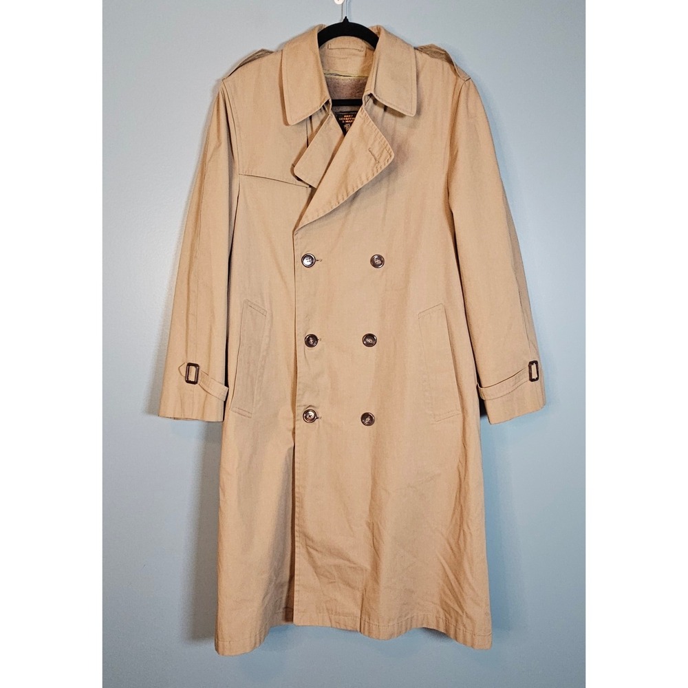 Hart Schaffner Marx Mens 38R Tan Double Breasted Lined Trench Coat Full Length